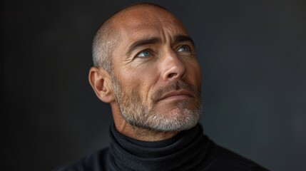   A tight shot of a man in a black turtleneck, gazing off into the distance with a grave expression