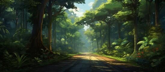A tranquil path winds through a dense tropical forest, lined with an abundance of green trees and...