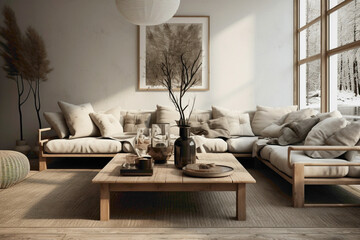 Scandinavian-inspired setup with sofas and wooden table.