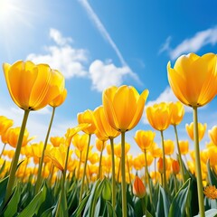 Obraz premium Field of yellow tulips in beautiful sky background with sun rays. Panoramic floral landscape with field of blooming yelow tulips in spring.