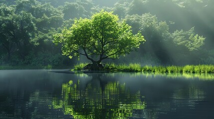 Tranquil scene green tree reflects in peaceful pond water generated by artificial intelligence ,Generative ai,  - obrazy, fototapety, plakaty