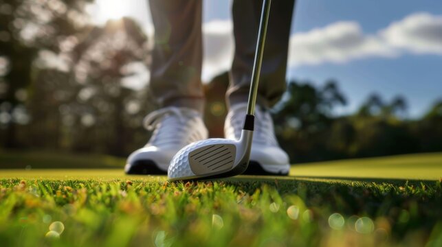 Golf ball on the grass on the golf course. Golfer's feet