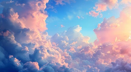   A sky teeming with numerous clouds In the mid-expanse, a plane traverses, while the sun resides centrally within the cloud mass - obrazy, fototapety, plakaty