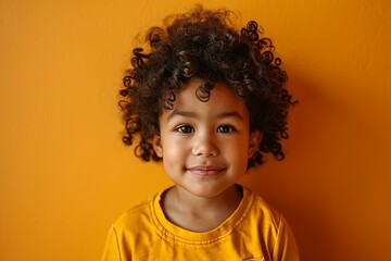 Portrait of a cute little african american girl with curly hair on a yellow background