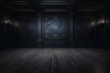 Dark empty room with concrete wall and wooden floor - Powered by Adobe