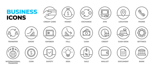 Business icons pack, set of circle vector icons: credit card, exchange, ATM, cash, wallet and sale, money transfer and cashdesk, phone and location. Lineart stroke minimal design.