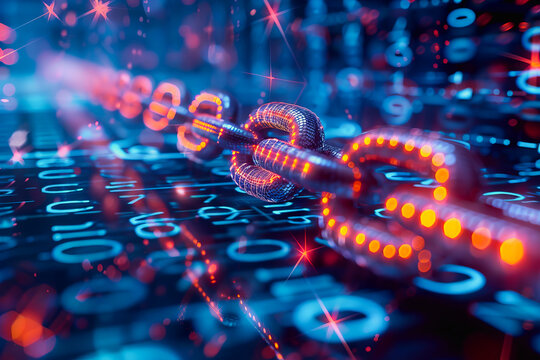binary numeric data transmission chain of nodes connected in a network form, p2p connection.
