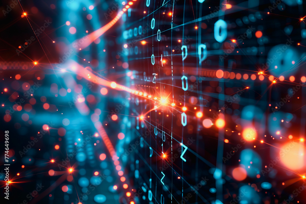 Poster binary numeric data transmission chain of nodes connected in a network form, p2p connection.