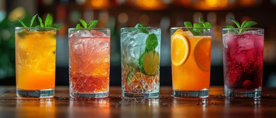Foto op Plexiglas   A row of glasses, each holding a distinct drink, garnished with slices of lime, orange, and mint © Mikus