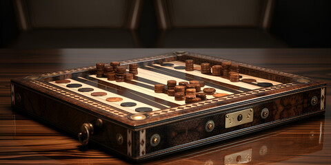 A game of chess with a gold knob on the front, Texture image of a chart frame with brown background and wooden stripes, Luxury golden elegant circle border frame game with wings Generative ai