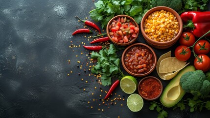   A table topped with bowls of various foods next to limes, tomatoes, corn, peppers, and avocados - obrazy, fototapety, plakaty