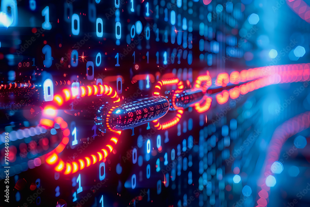 Poster binary numeric data transmission chain of nodes connected in a network form, p2p connection.