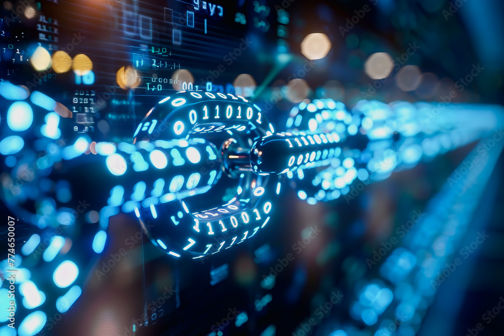 Fototapete binary numeric data transmission chain of nodes connected in a network form, p2p connection.