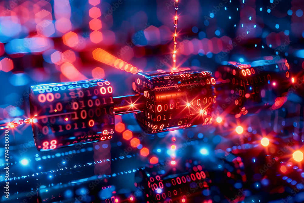 Fototapete binary numeric data transmission chain of nodes connected in a network form, p2p connection.