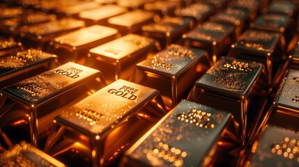 Precious shiny gold bars. Background for finance banking concept. Trade precious metals. Bullions. - obrazy, fototapety, plakaty