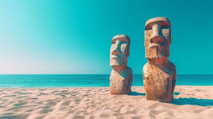   Two wooden statues atop a sandy beach, overlooking a body of water with a blue sky behind