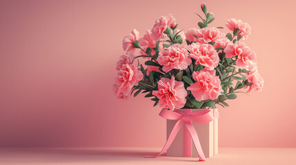 Fototapeta premium Design concept of Mother's day holiday greeting design with carnation bouquet on pastel pink table background.