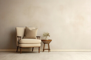 Single beige sofa chair and empty frame against a soft wall backdrop.