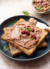 toast with red bean paste on a plate close-up, vegetarian food rich in protein