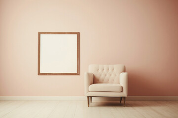 Single beige sofa chair and empty frame on a soft-colored wall.