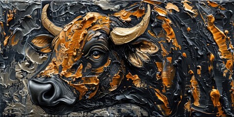 Bull impasto painted illustration, black and golden, representing financial market trend