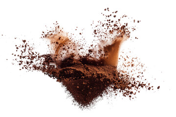 Explosion splash of ground coffee or cocoa powder with freeze isolated on background, pile of splatter of coffee grind dust powder, brown shattered beans. - obrazy, fototapety, plakaty
