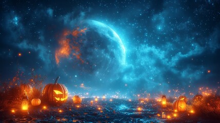   A cluster of pumpkins rests in a field's heart, moon rising in the backdrop - obrazy, fototapety, plakaty
