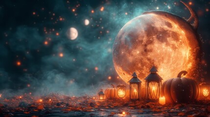   A collection of pumpkins sits before a fully illuminated moon, with lanterns in the foreground and the moon as a backdrop - obrazy, fototapety, plakaty