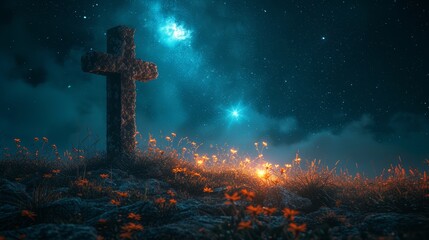   A cross atop a hill, grass-covered and star-studded, beneath a sky brimming with stars - obrazy, fototapety, plakaty