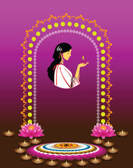 diwali celebration card and hanging lights and diya