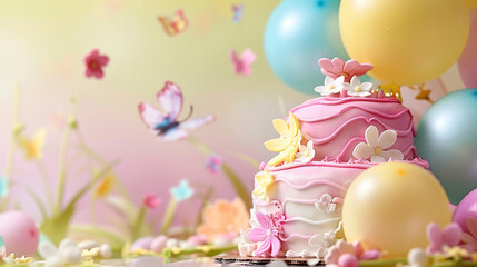 A colorful spring blossom themed birthday cake