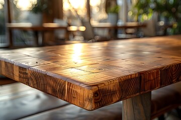 Superfie de una mesa de madera rustica en un interior con luz natural. Ideal para colocar tu producto © Alejandra