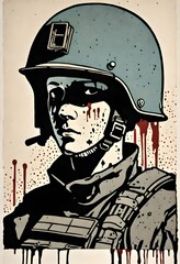a young soldier with helmet at war, screen printing, drips   dark and gritty, distressed, battle