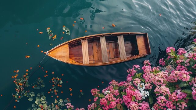 View of boat on water with flowers  ,Generative ai, 