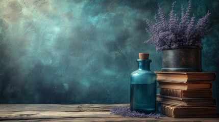   A blue bottle atop a wooden table, beside a towering stack of books and a vase brimming with purple blooms