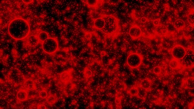 Glowing red bubbles dots and circles on black background. 3D animation