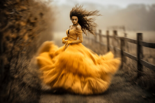 Enchanting woman in flowing yellow gown