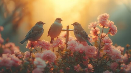   Two birds perch on a post in a flower-filled field Sunlight filters through the trees behind them - obrazy, fototapety, plakaty