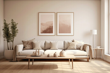 Simplistic white frame on beige and Scandinavian walls, providing a view of a modern living room's...