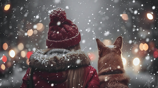 Winter bliss: woman and dog enjoying snowfall