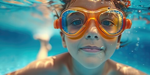 Naklejka premium A child professional swimming in pool underwater, bright bold colors