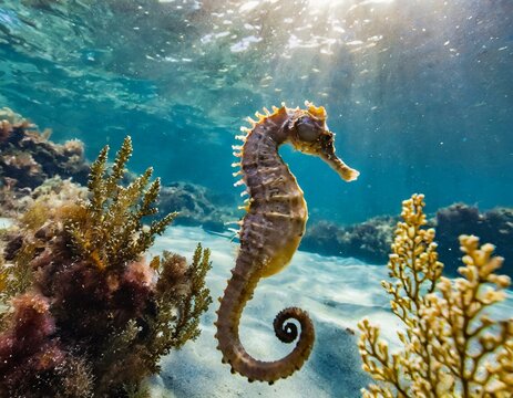 Seepferdchen im Meer schwimmt vor sich hin - Meerlandschaft rundet das ganze ab