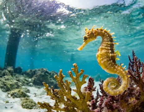 Seepferdchen im Meer schwimmt vor sich hin - Meerlandschaft rundet das ganze ab