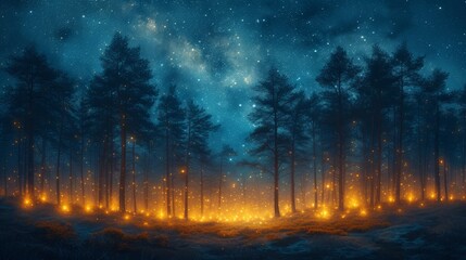   A forest teeming with numerous trees beneath a star-studded night sky, illuminated by many bright yellow lights