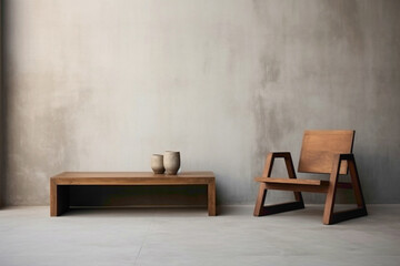 Simple yet elegant wooden furniture set against concrete, blank frame.