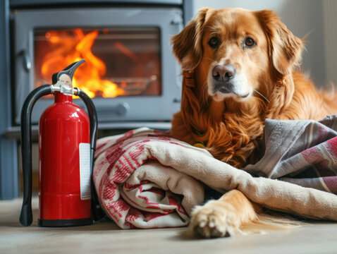 Dog beside a fire safety kit including a blanket and extinguisher