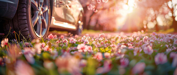 A car tire with stylish rims is placed on the grass, surrounded by blooming cherry blossoms and pink clover in spring