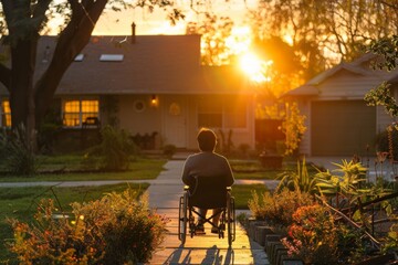 Person in wheelchair enjoying sunset at home's accessible entrance