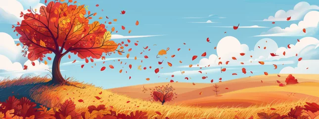 Muurstickers An autumn landscape with a tree and hills, in a vector illustration style resembling cartoons © wanna