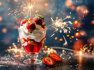 Strawberry sundae with sparklers celebration theme